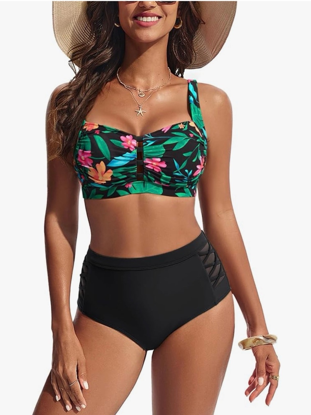 NWT Floral Blue & Black Multi High-Waist Bikini Set-S